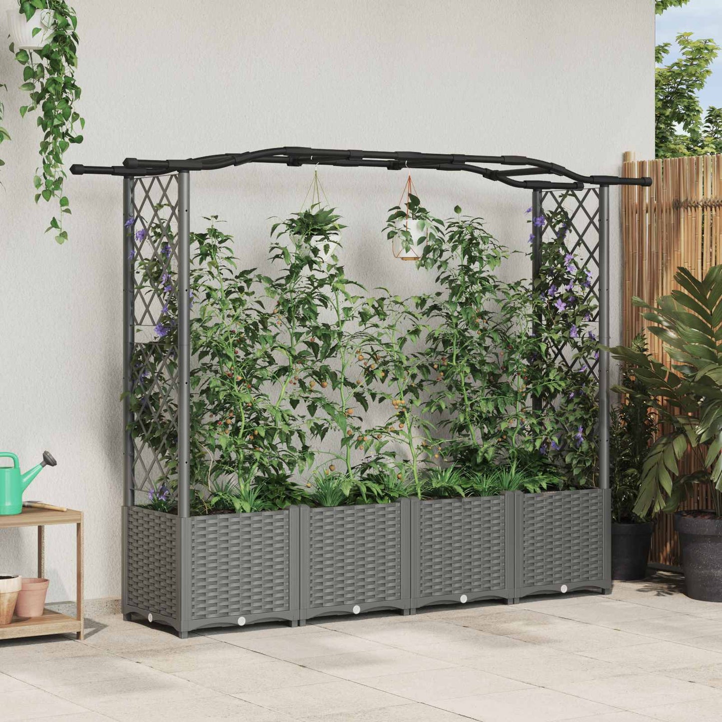 vidaXL Raised Bed with Trellis and Roof Light Grey 204 x 40 x 141 cm