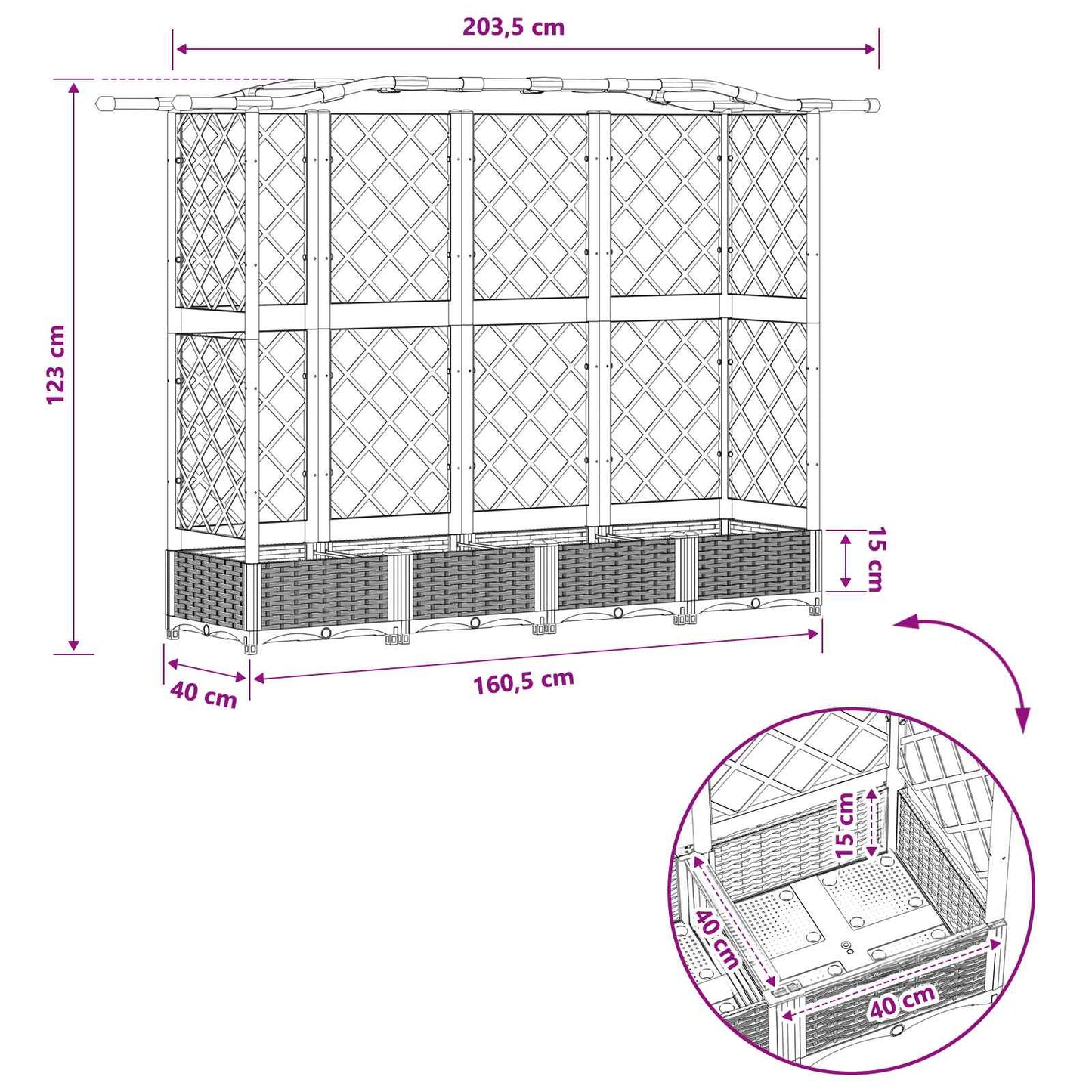 vidaXL Raised Bed with Trellis and Roof Light Grey 203.5 x 40 x 123 cm