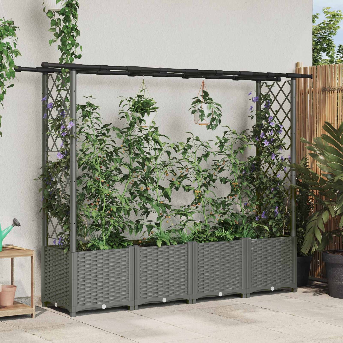 vidaXL Raised Bed with Trellis and Roof Light Grey 203 x 40 x 136 cm