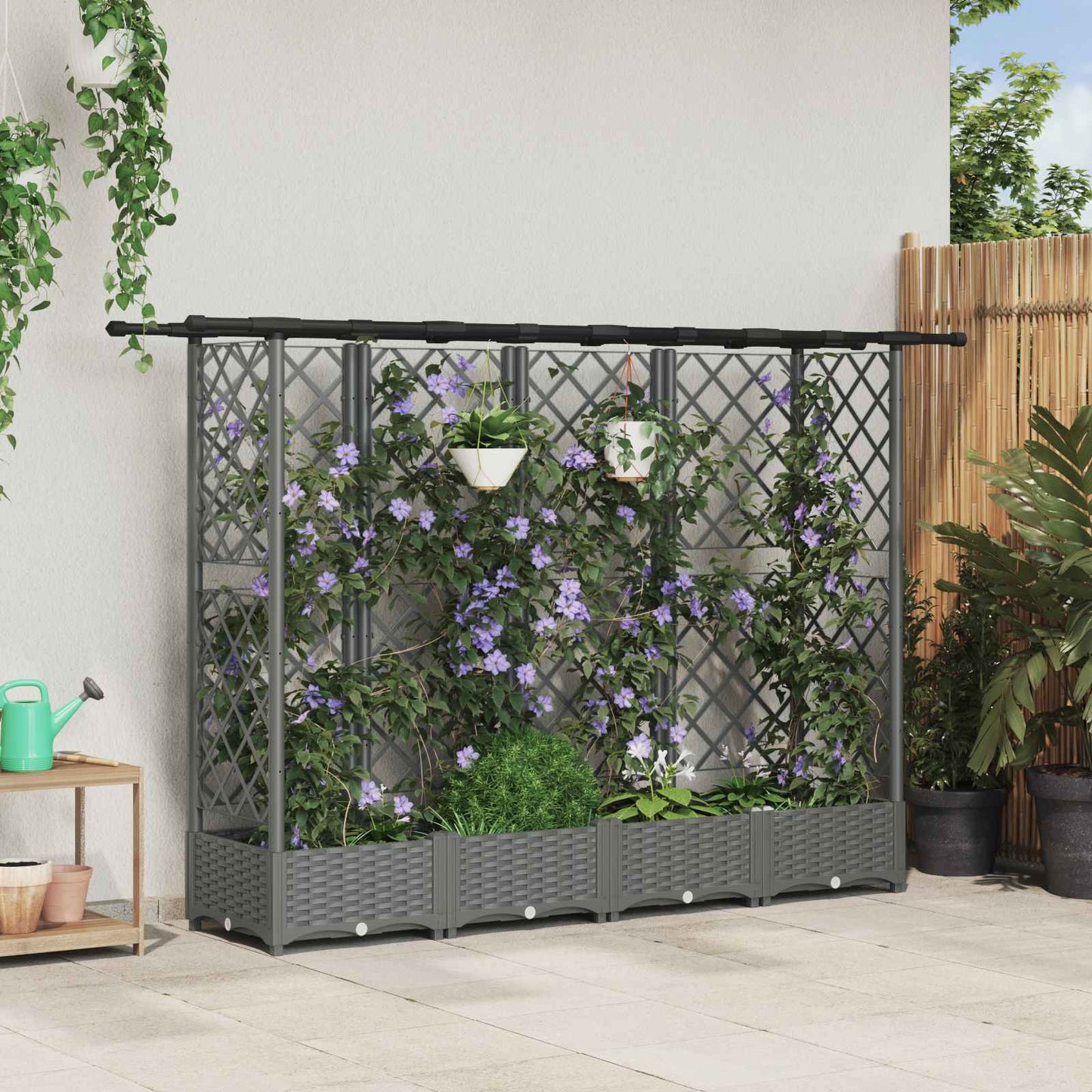 vidaXL Raised Bed with Trellis and Roof Light Grey 202.5 x 40 x 121 cm