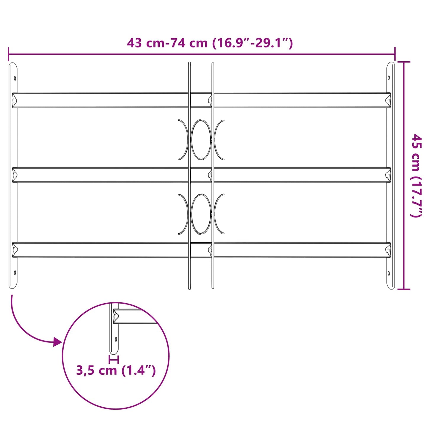 vidaXL Security Grille for Windows with 3 Crossbars 3 pcs 43-74 cm