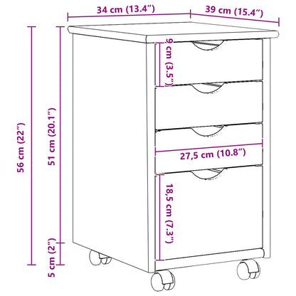 vidaXL Rolling Cabinet Brown 34 x 39 x 56 cm Solid Pine Wood