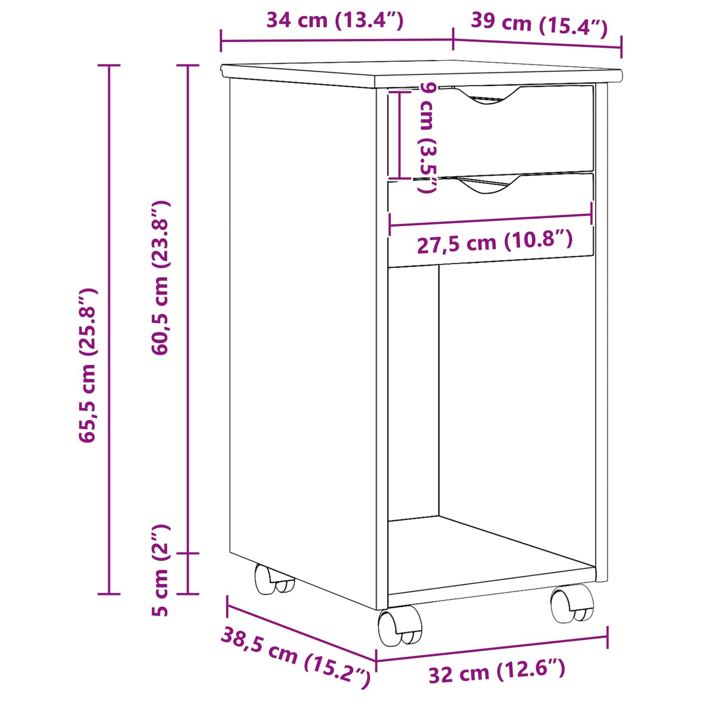 vidaXL Rolling Cabinet Brown 34 x 39 x 65.5 cm Solid Pine Wood