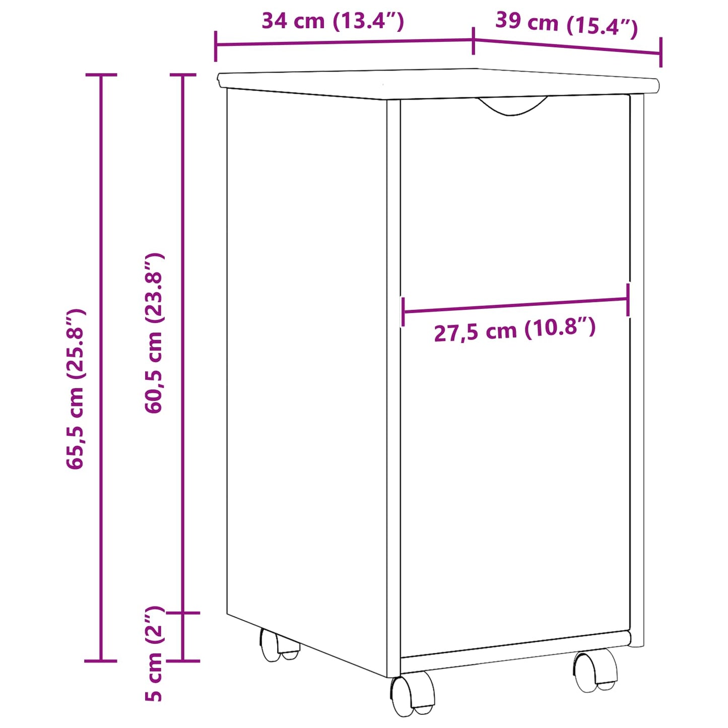 vidaXL Rolling Cabinet Brown 34 x 39 x 65.5 cm Solid Pine Wood