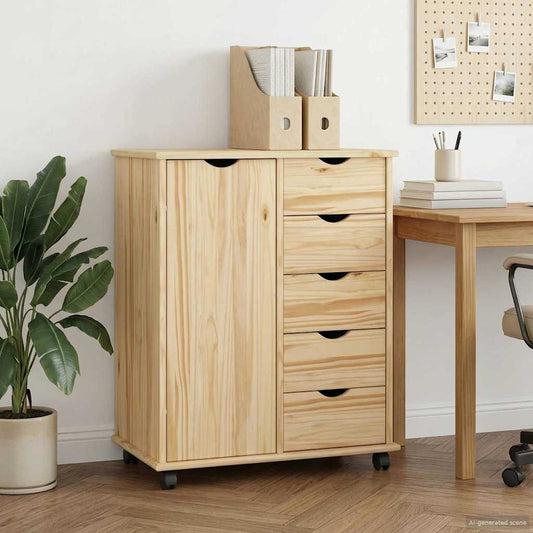 vidaXL Rolling Cabinet Brown 63.5 x 39 x 79 cm Solid Pine Wood