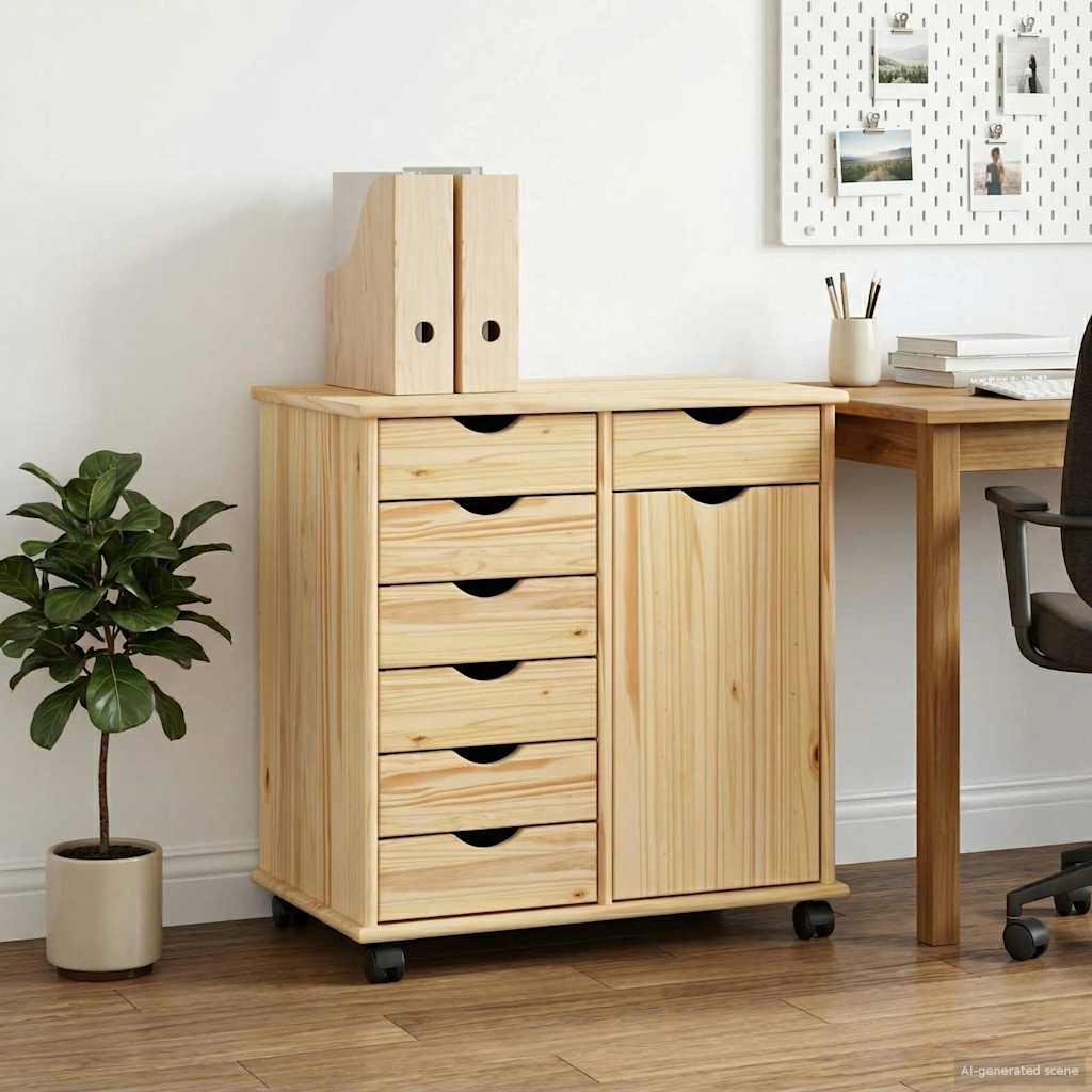 vidaXL Rolling Cabinet Brown 63.5 x 39 x 65.5 cm Solid Pine Wood
