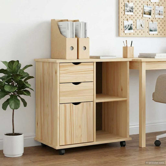 vidaXL Rolling Cabinet Brown 63.5 x 39 x 65.5 cm Solid Pine Wood