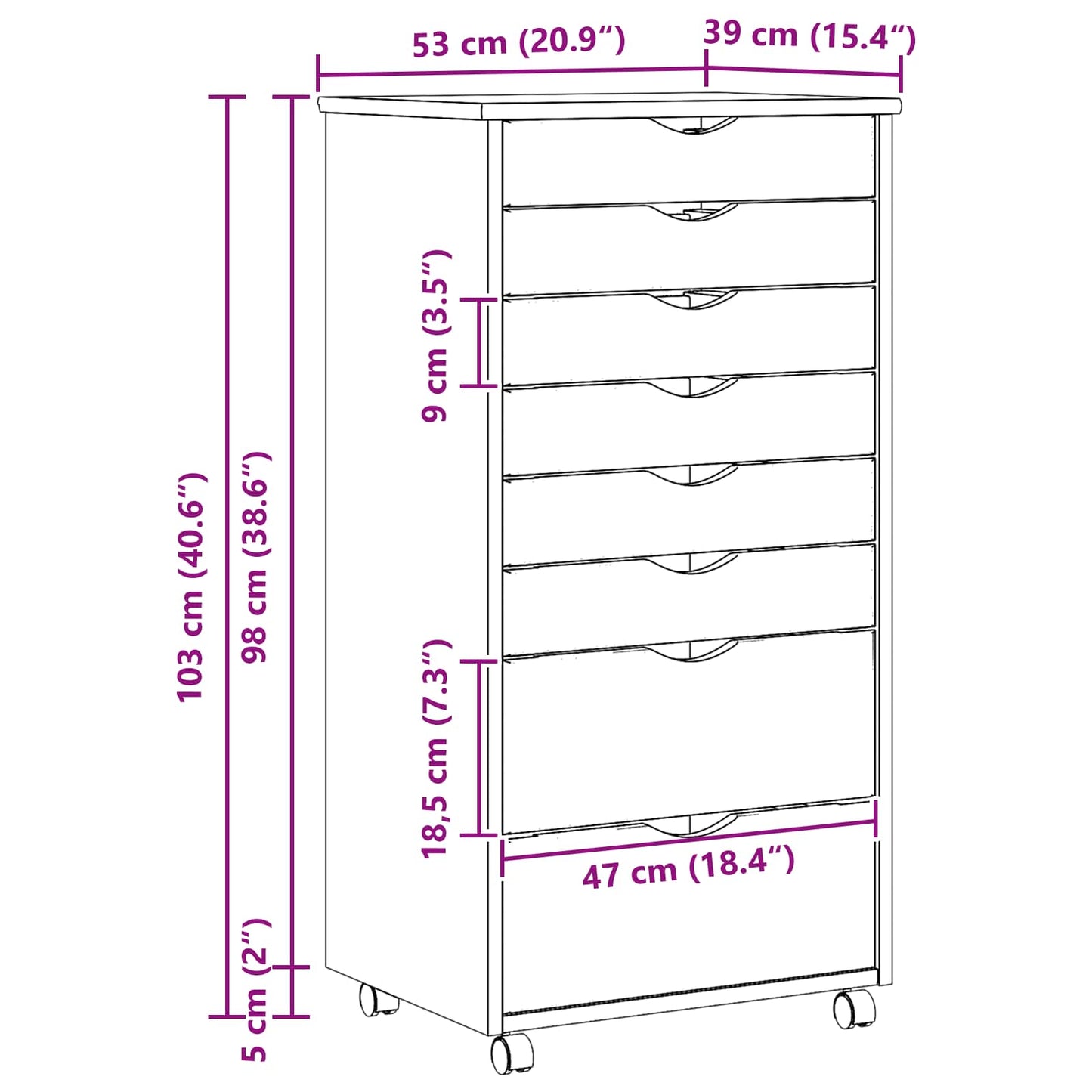 vidaXL Rolling Cabinet with Drawers MOSS Clear Varnish Solid Pine wood