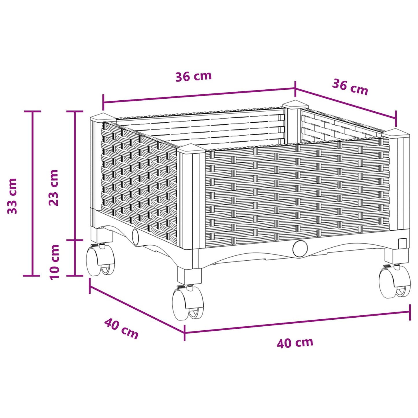 vidaXL Garden Planter with Wheels Black 40 x 40 x 29 cm PP