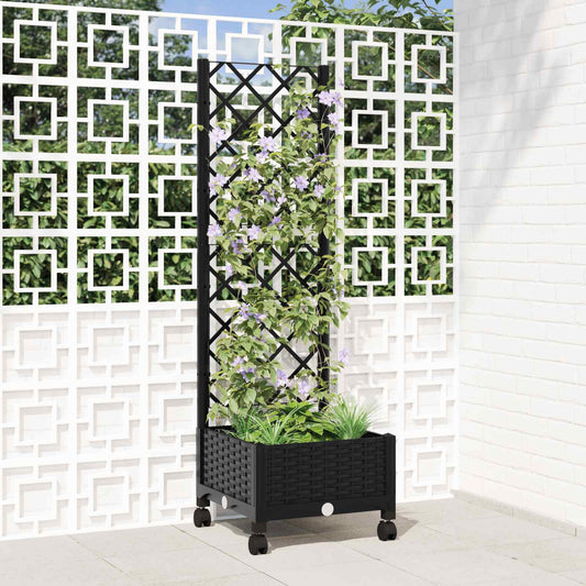 vidaXL Garden Planter with Trellis&Wheels Black 40 x 40 x 131.5 cm PP