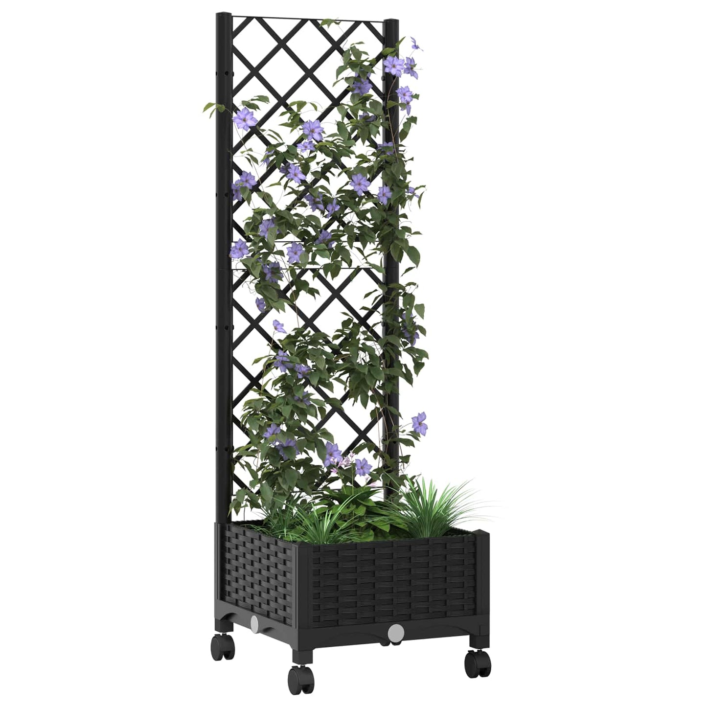 vidaXL Garden Planter with Trellis&Wheels Black 40 x 40 x 131.5 cm PP
