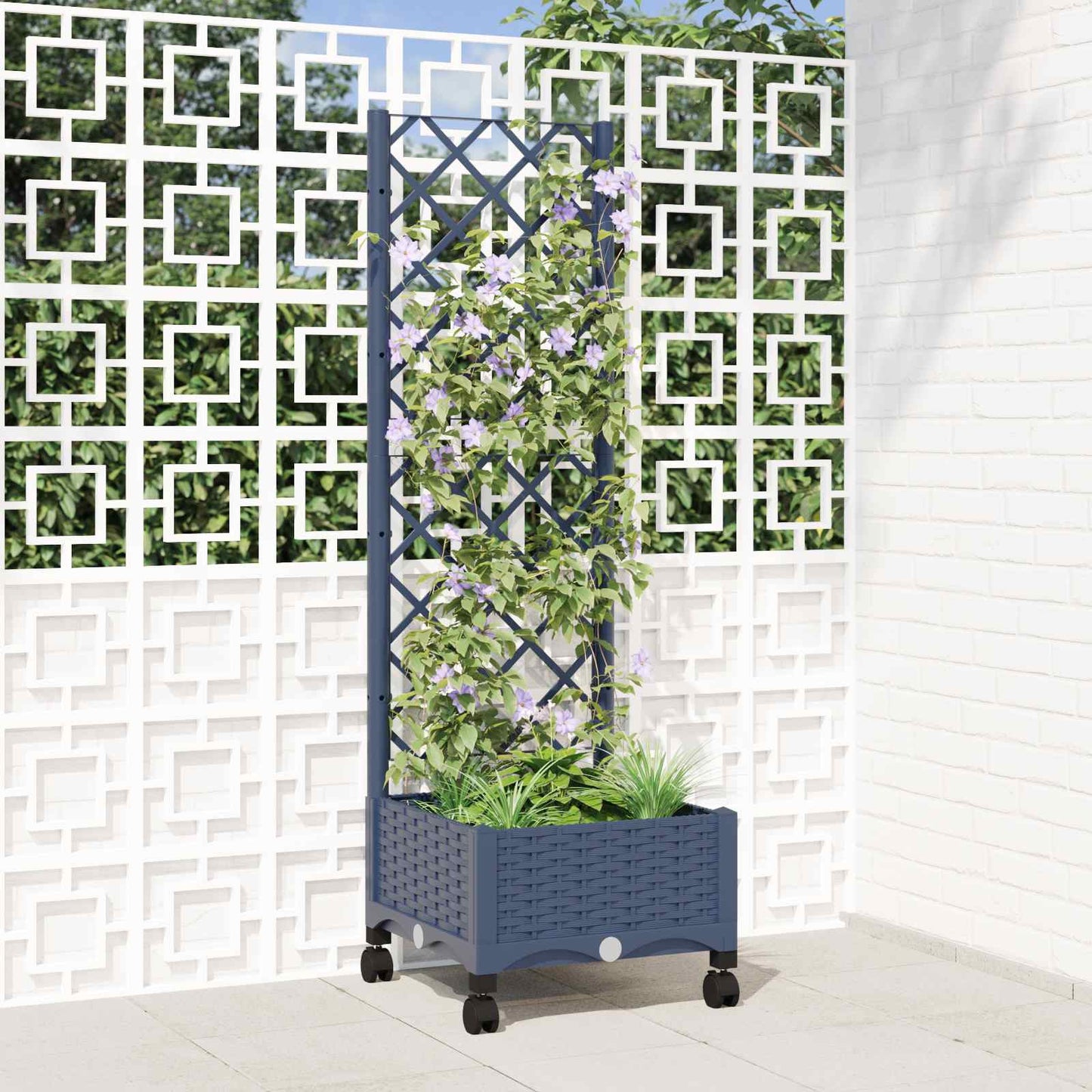 vidaXL Garden Planter with Trellis&Wheels Blue Grey 40 x 40 x 131.5 cm
