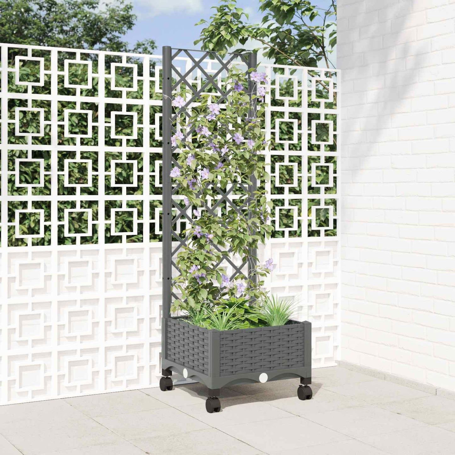 vidaXL Garden Planter with Trellis&Wheels Light Grey PP