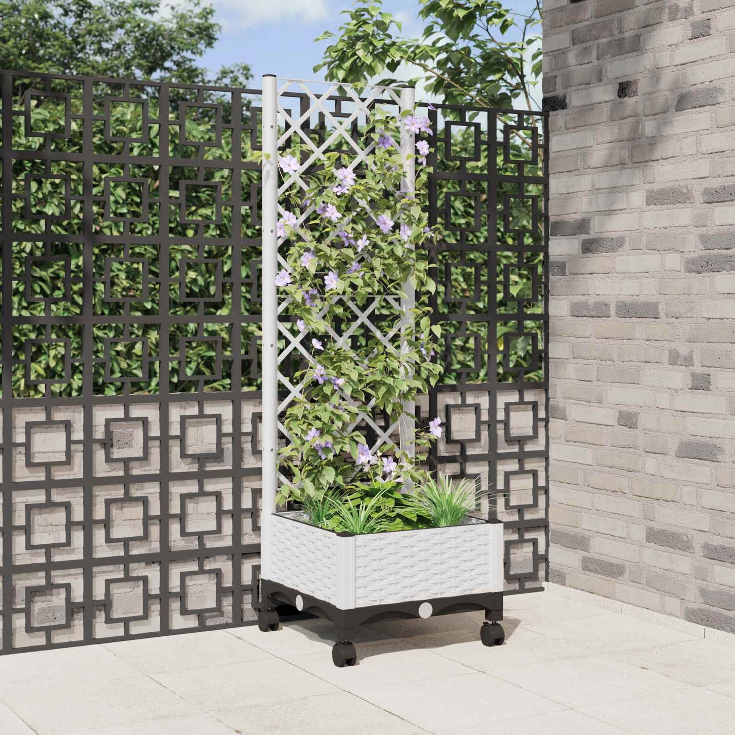 vidaXL Garden Planter with Trellis&Wheels White 40 x 40 x 131.5 cm PP