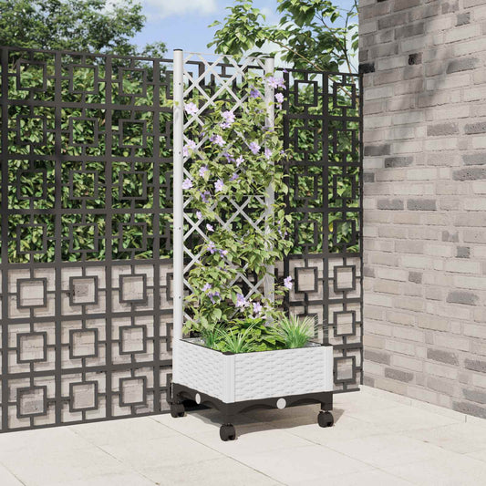 vidaXL Garden Planter with Trellis&Wheels White 40 x 40 x 131.5 cm PP