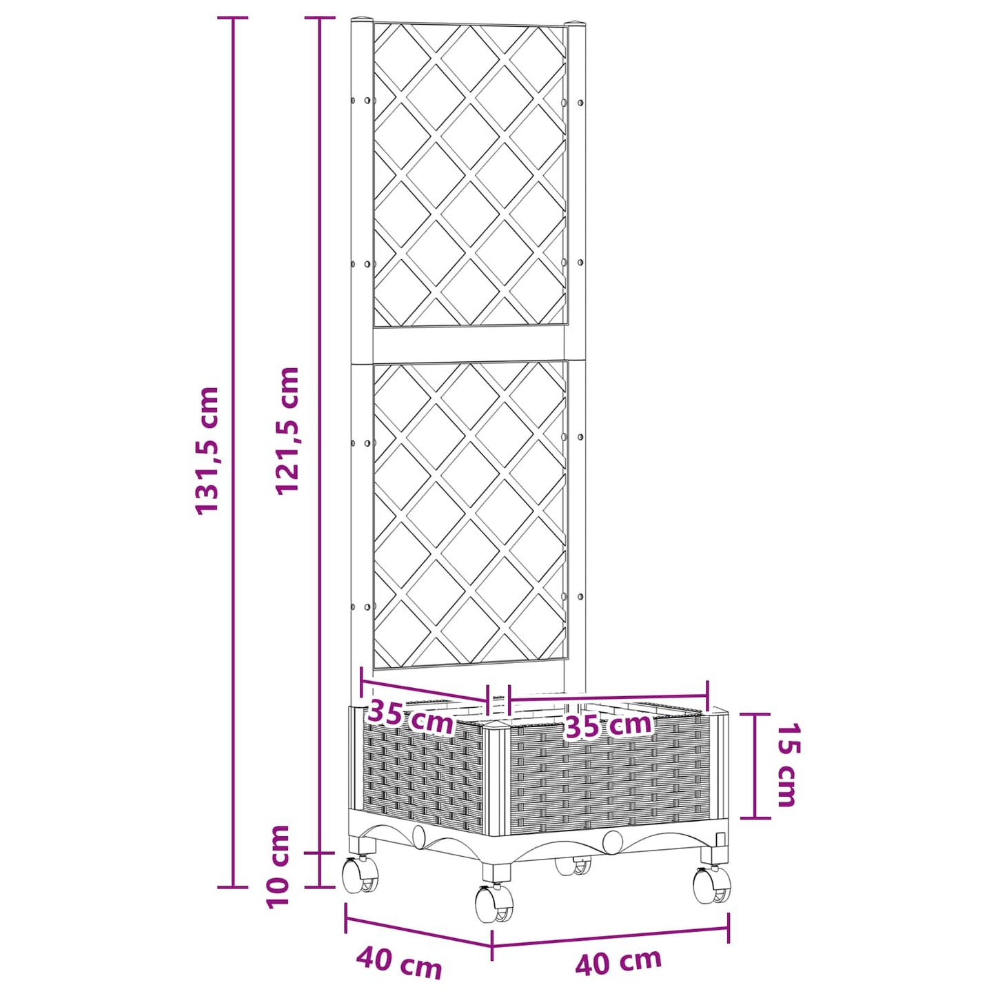 vidaXL Garden Planter with Trellis&Wheels White 40 x 40 x 131.5 cm PP
