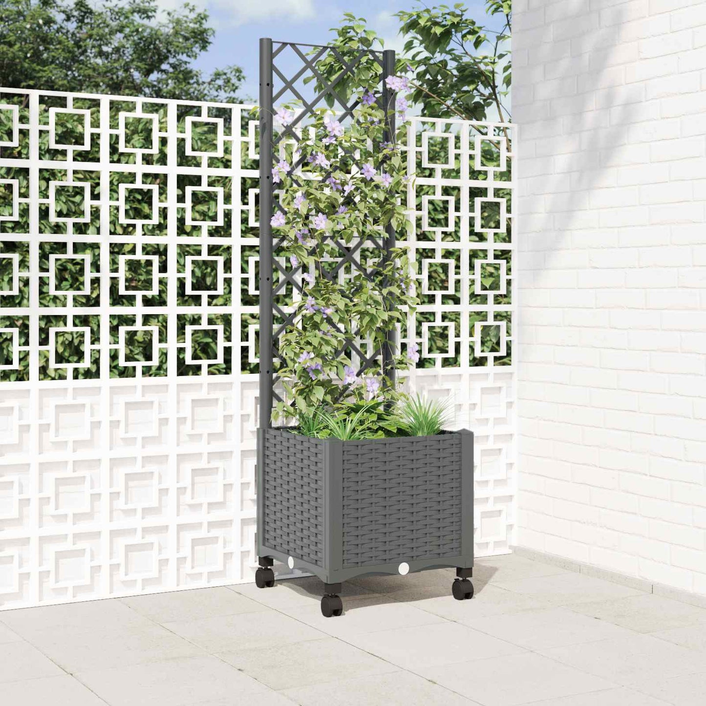 vidaXL Garden Planter with Trellis&Wheels Light Grey 40 x 40 x 146 cm