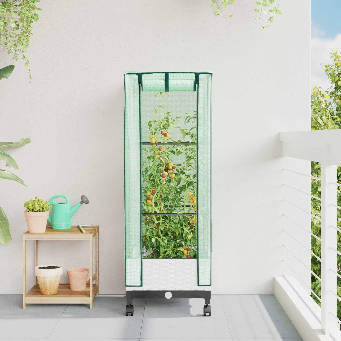 vidaXL Garden Planter with Greenhouse Cover&Wheels White PP