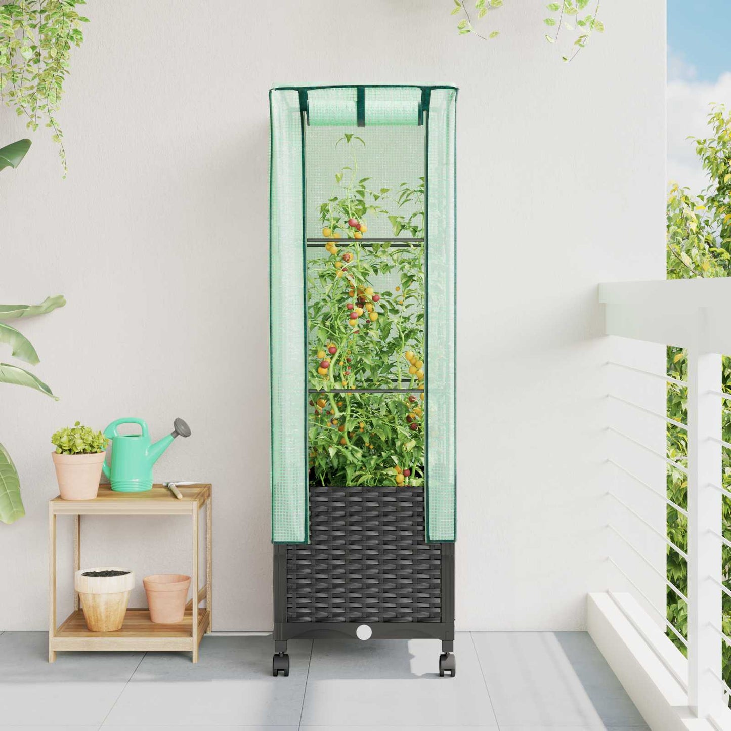 vidaXL Garden Planter with Greenhouse Cover&Wheels Black PP