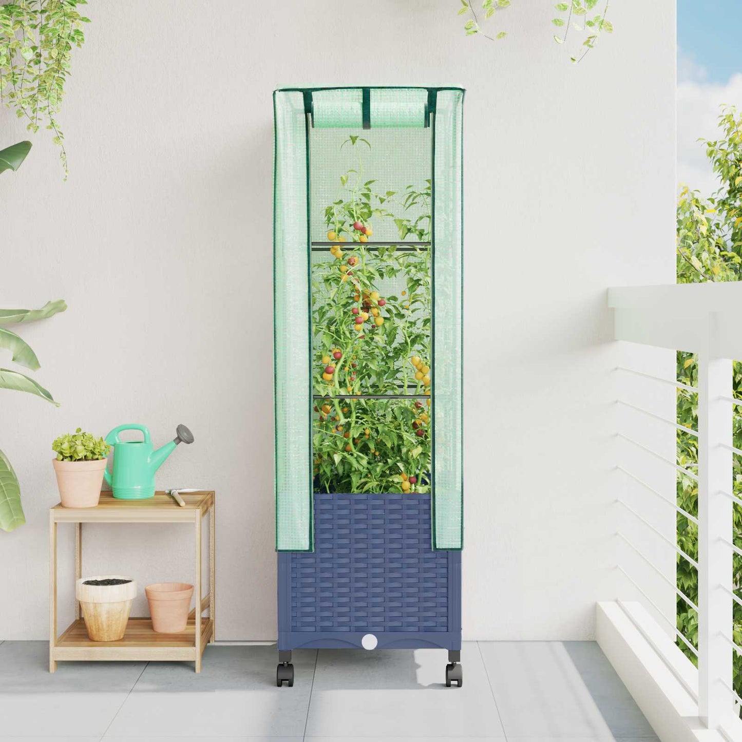 vidaXL Garden Planter with Greenhouse Cover&Wheels Blue Grey PP