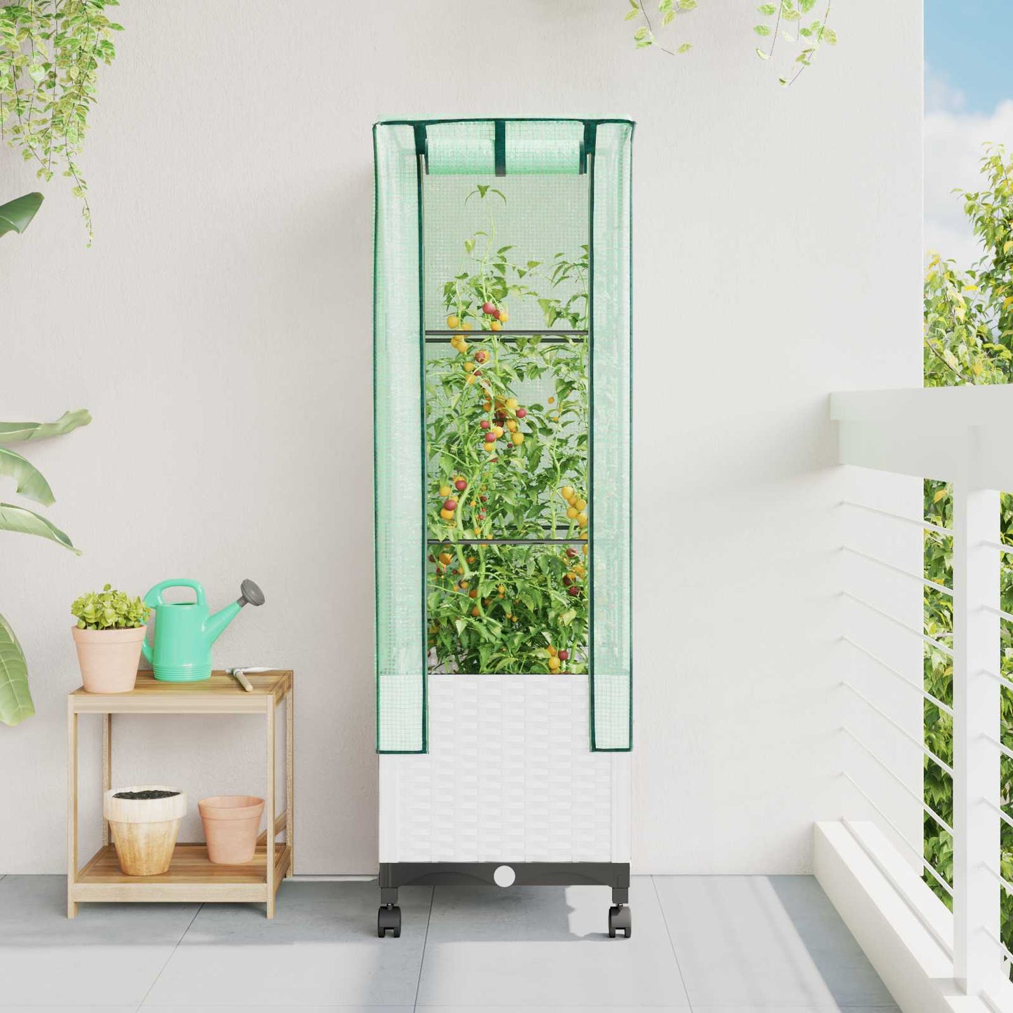 vidaXL Garden Planter with Greenhouse Cover&Wheels White PP