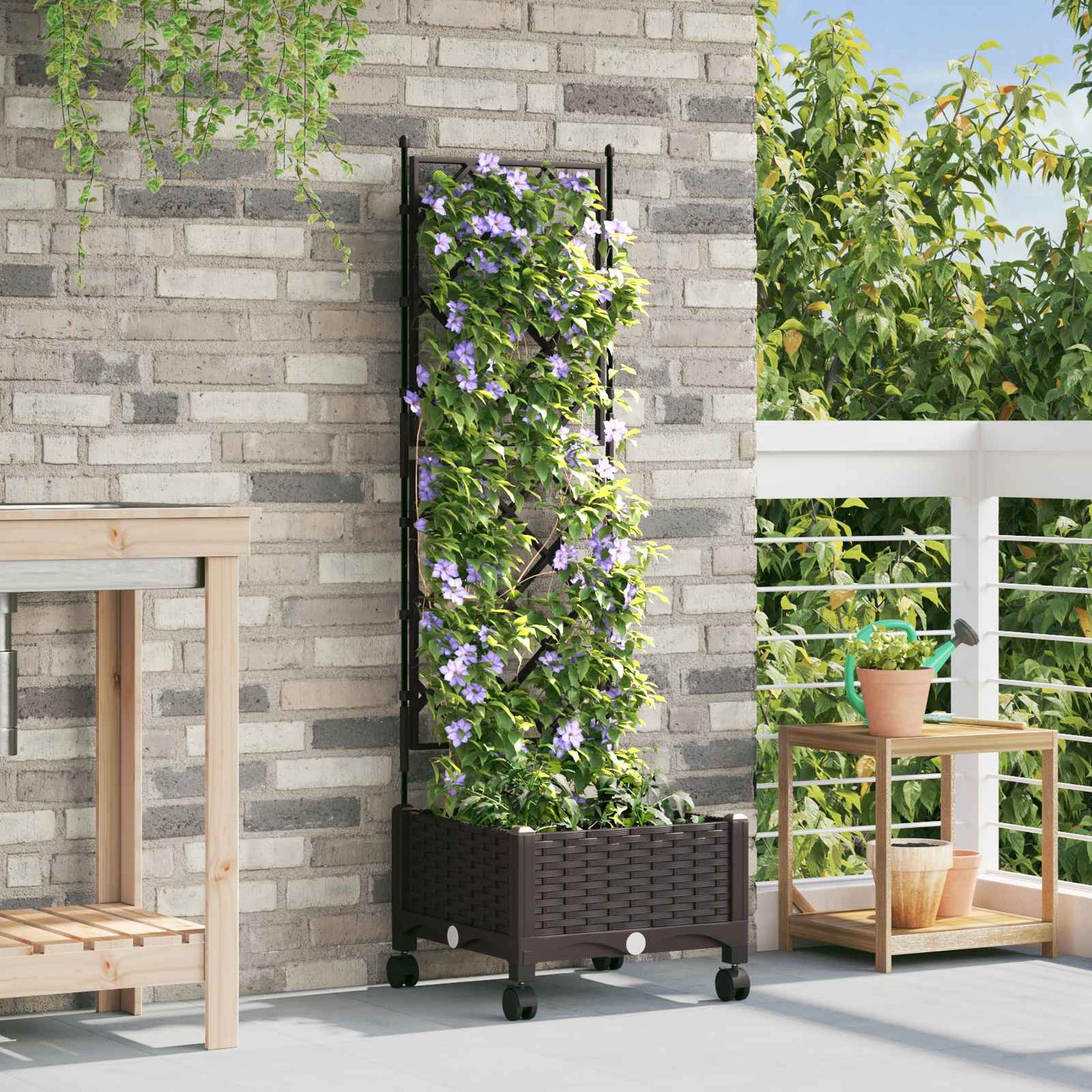 vidaXL Garden Planter with Trellis&Wheels Brown 40 x 40 x 131.5 cm PP