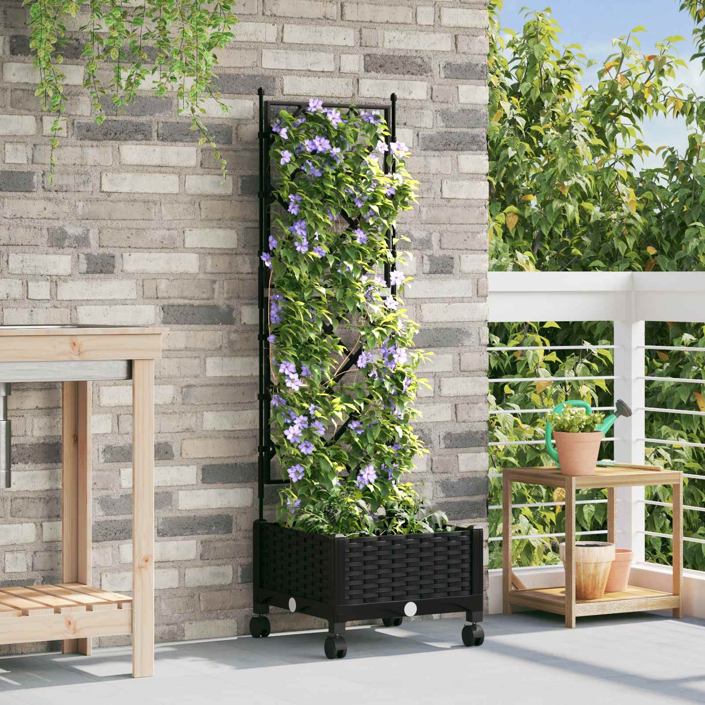 vidaXL Garden Planter with Trellis&Wheels Black 40 x 40 x 131.5 cm PP