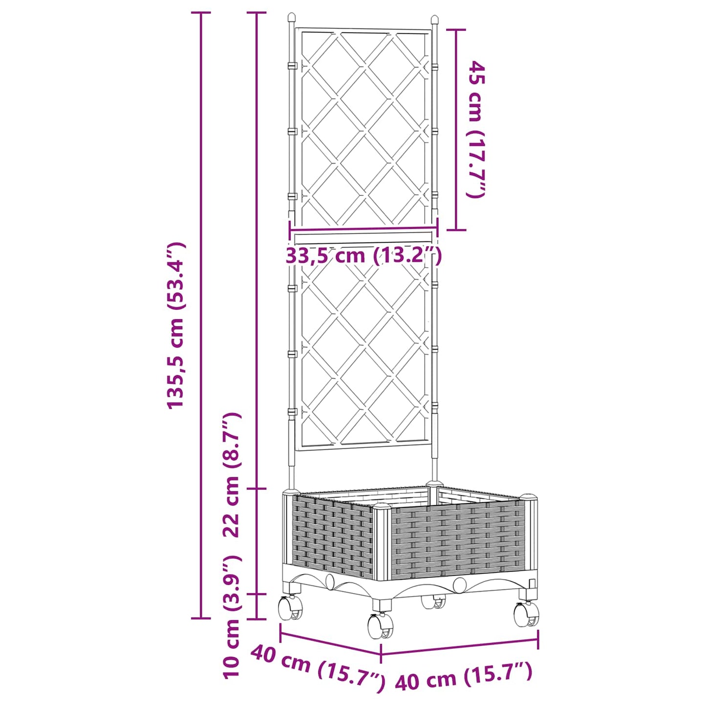 vidaXL Garden Planter with Trellis&Wheels Black 40 x 40 x 131.5 cm PP