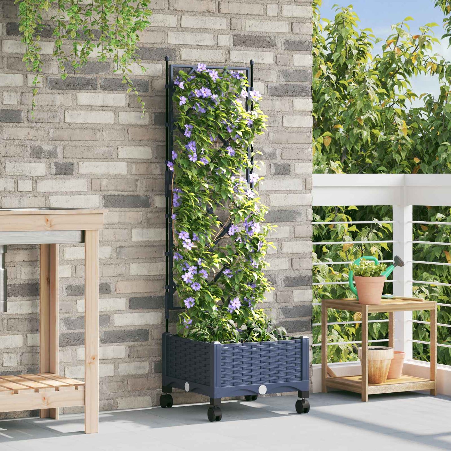 vidaXL Garden Planter with Trellis&Wheels Grey 40 x 40 x 131.5 cm PP