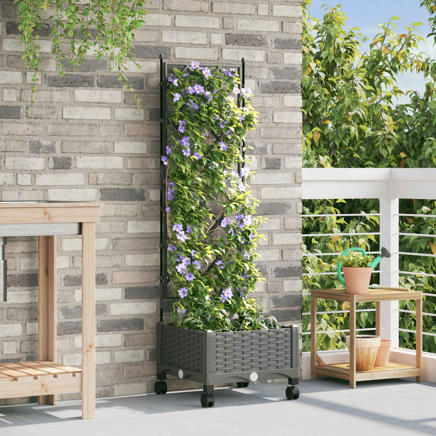 vidaXL Garden Planter with Trellis&Wheels Light Grey PP