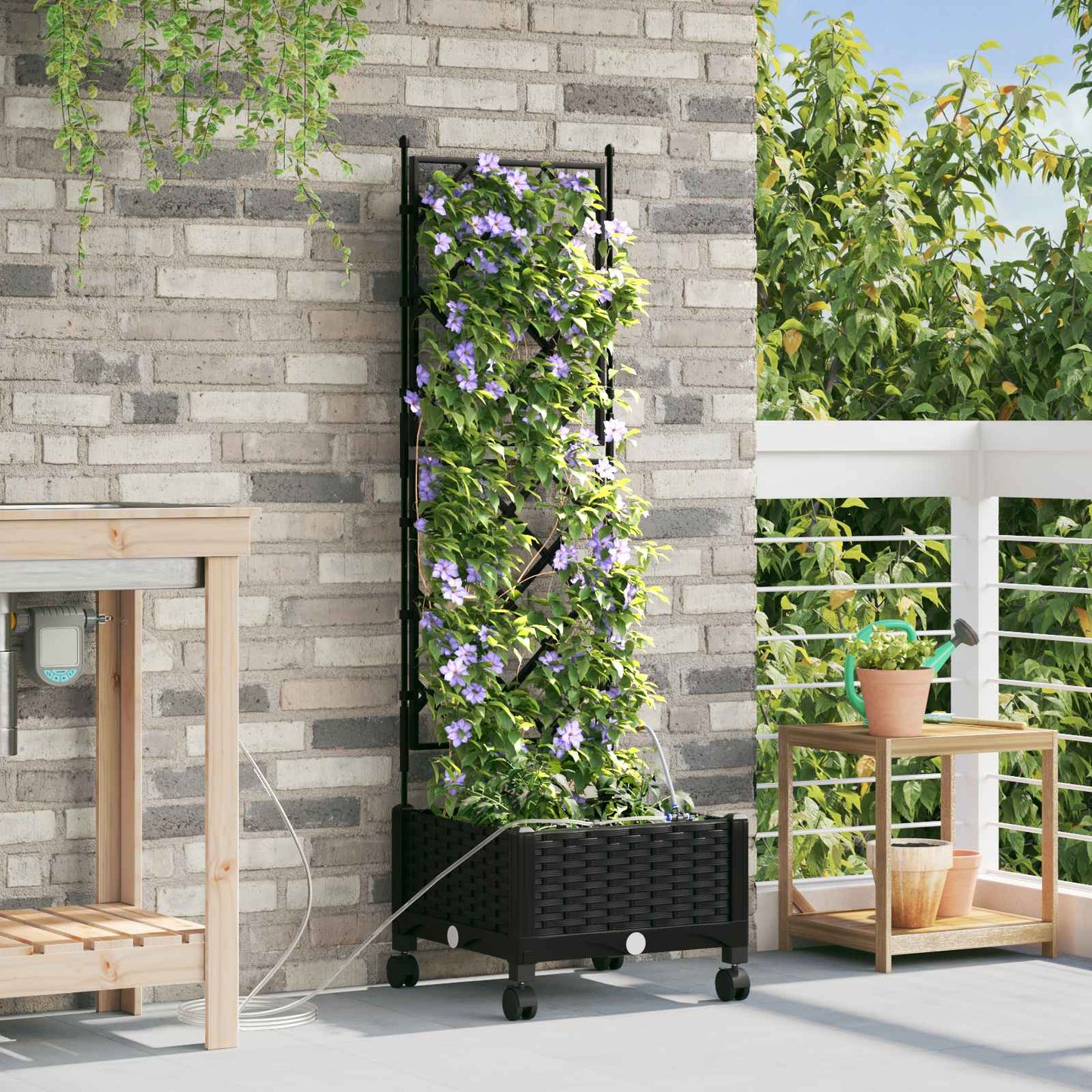 vidaXL Garden Planter with Irrigation&Wheels Black 40 x 40 x 132 cm PP