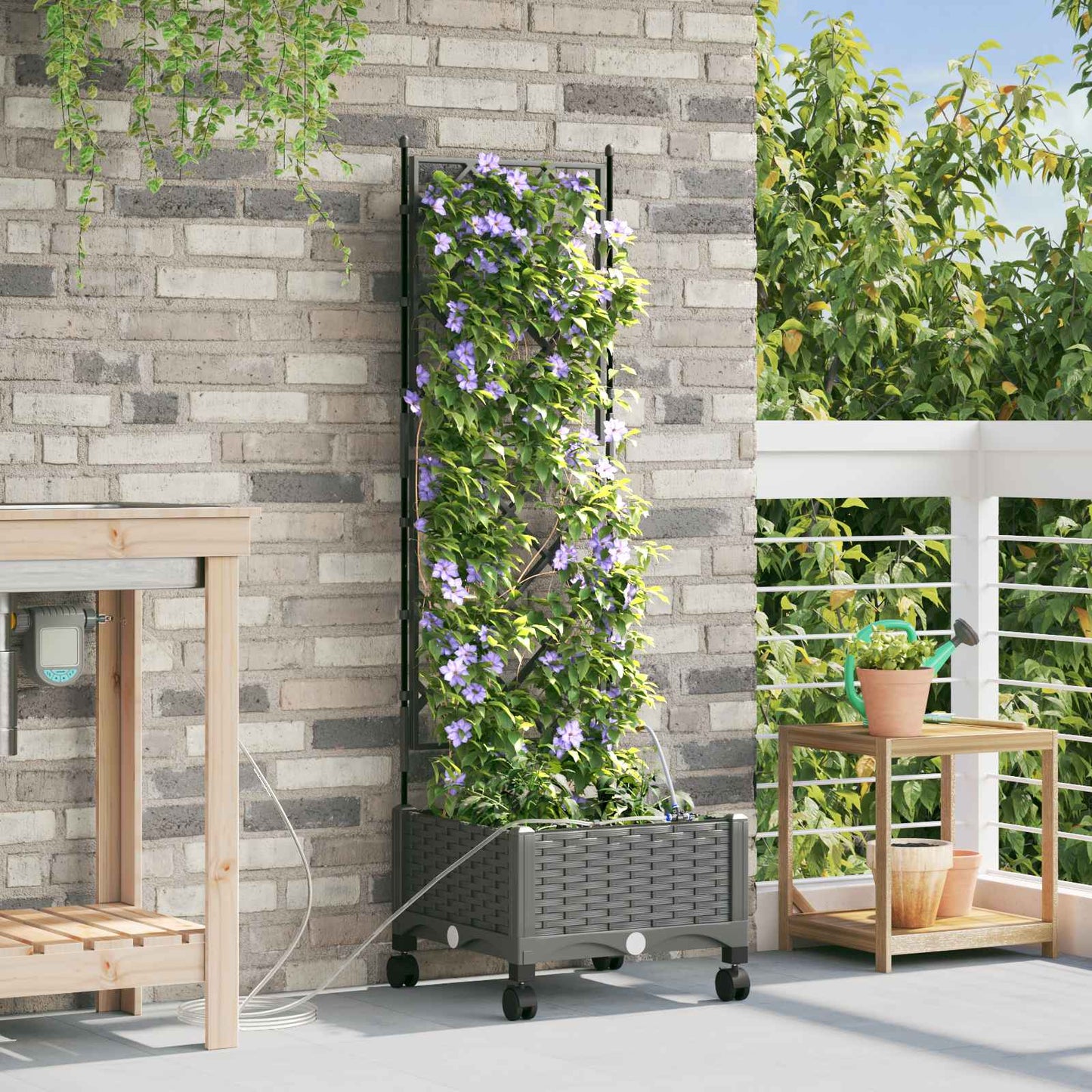 vidaXL Garden Planter with Irrigation&Wheels Light Grey PP