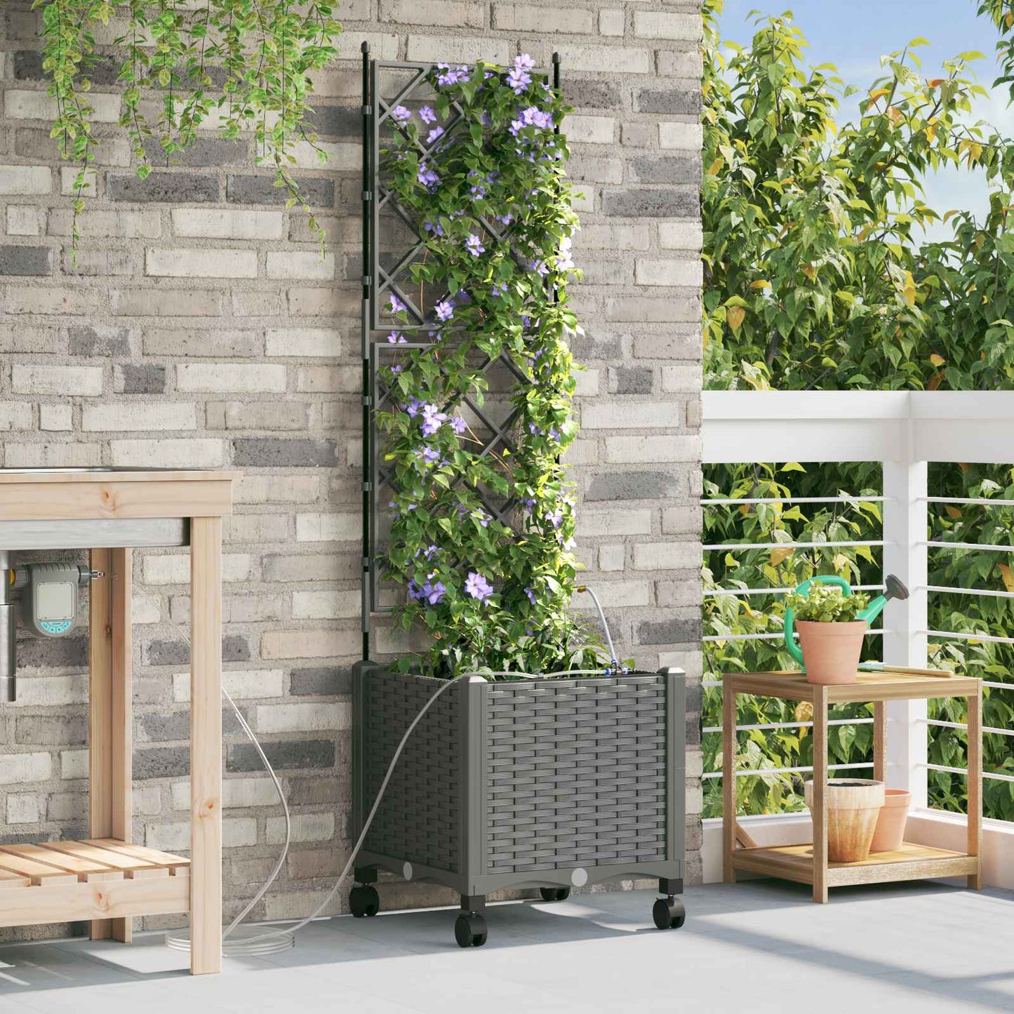 vidaXL Garden Planter with Irrigation&Wheels Light Grey PP