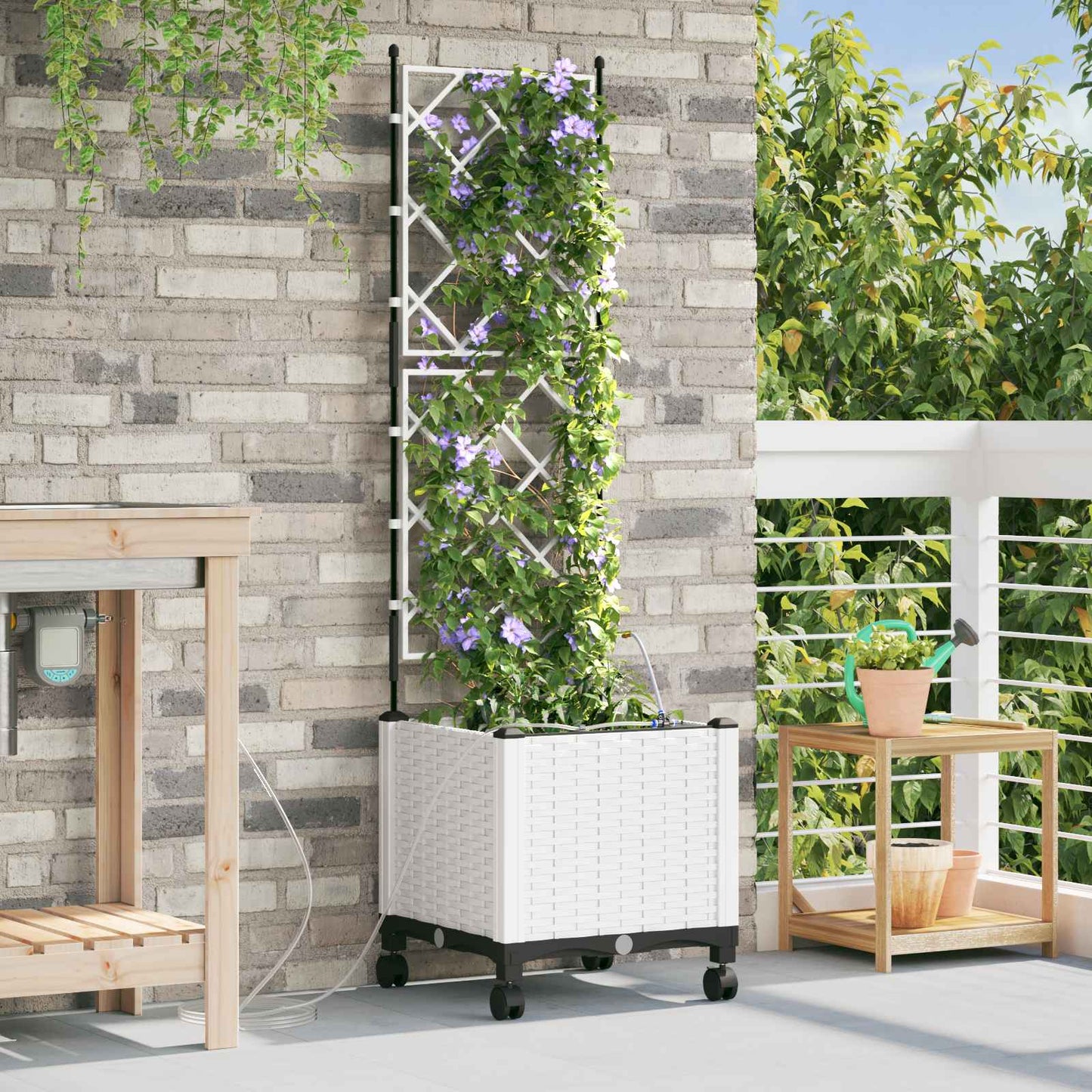 vidaXL Garden Planter with Irrigation&Wheels White 40 x 40 x 148 cm PP