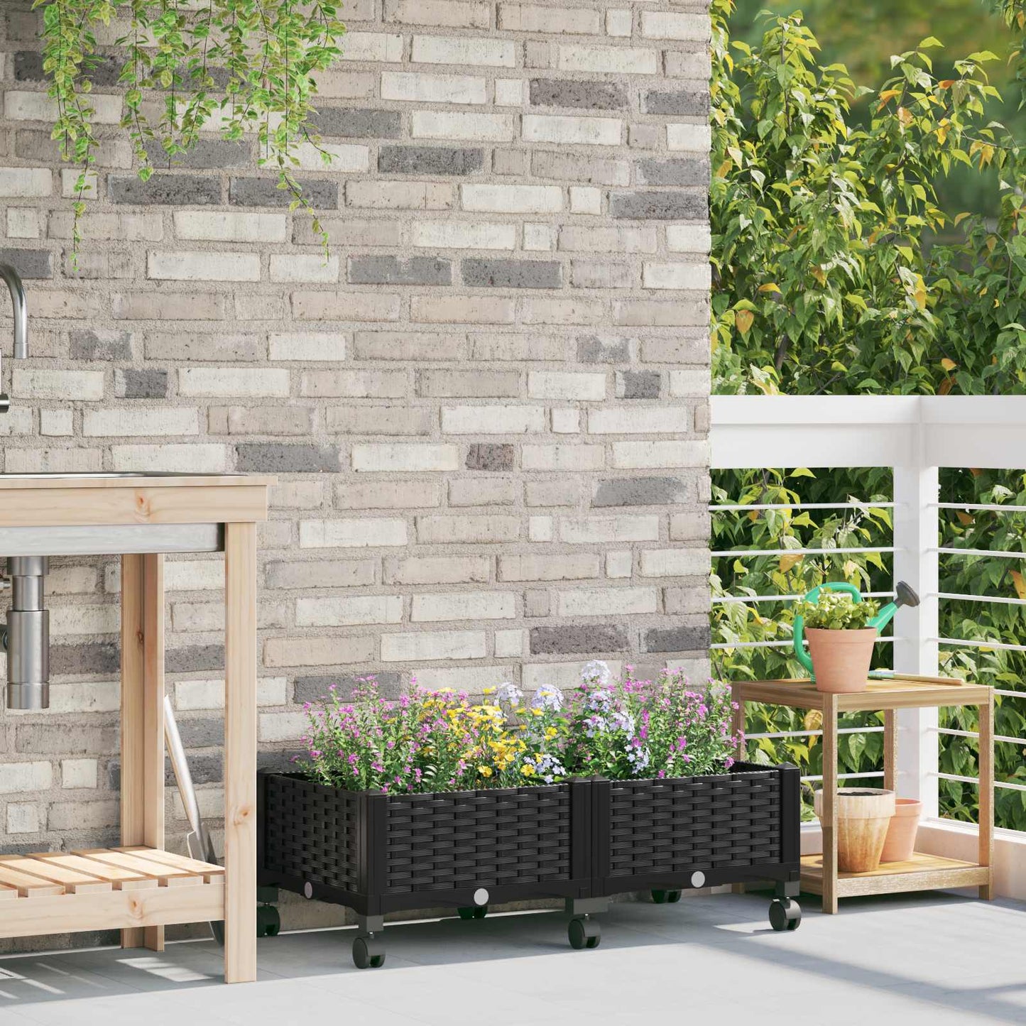 vidaXL Garden Planter with Wheels Black 80 x 40 x 29 cm PP
