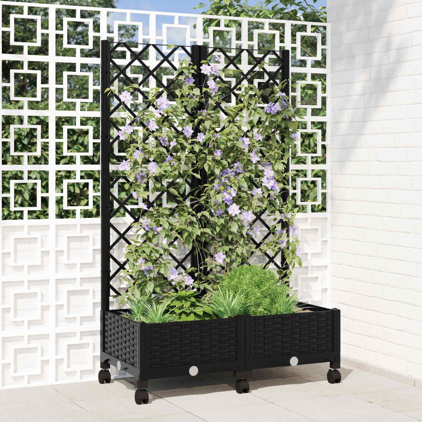vidaXL Garden Planter with Trellis&Wheels Black 80 x 40 x 131.5 cm PP