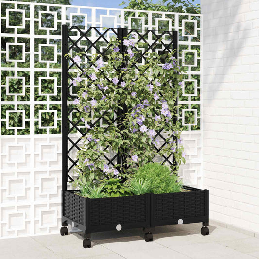 vidaXL Garden Planter with Trellis&Wheels Black 80 x 40 x 131.5 cm PP