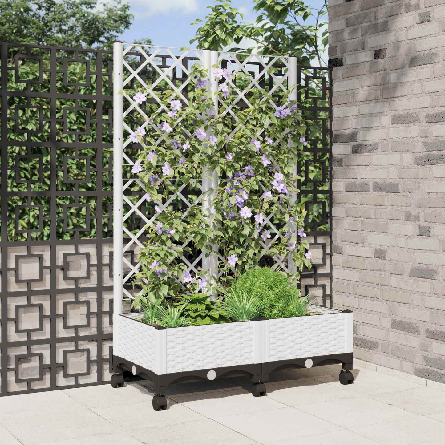 vidaXL Garden Planter with Trellis&Wheels White 80 x 40 x 131.5 cm PP
