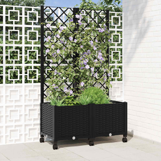 vidaXL Garden Planter with Trellis&Wheels Black 80 x 40 x 146 cm PP