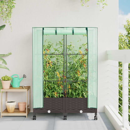 vidaXL Garden Planter with Greenhouse Cover&Wheels 2 pcs Brown PP