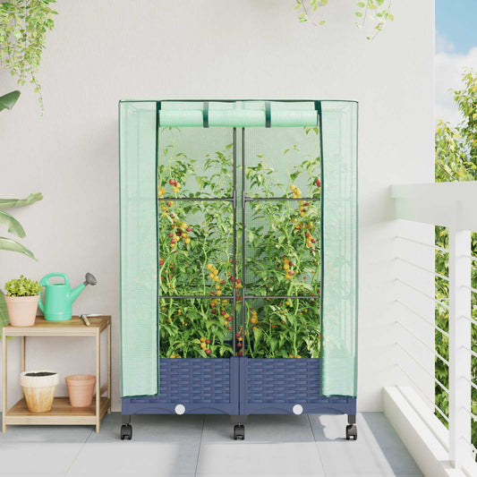 vidaXL Garden Planter with Greenhouse Cover&Wheels 2 pcs Blue Grey PP
