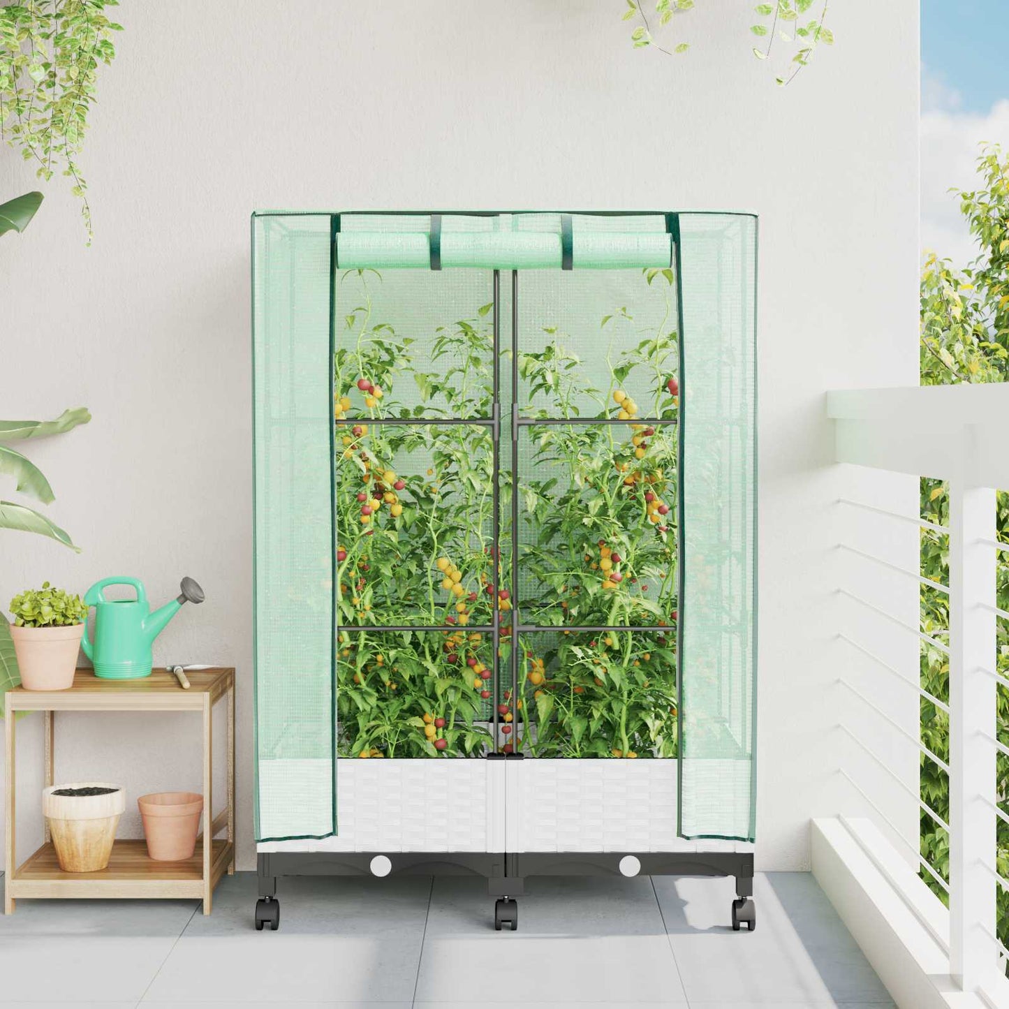 vidaXL Garden Planter with Greenhouse Cover&Wheels 2 pcs White PP