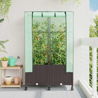 vidaXL Garden Planter with Greenhouse Cover&Wheels 2 pcs Brown PP