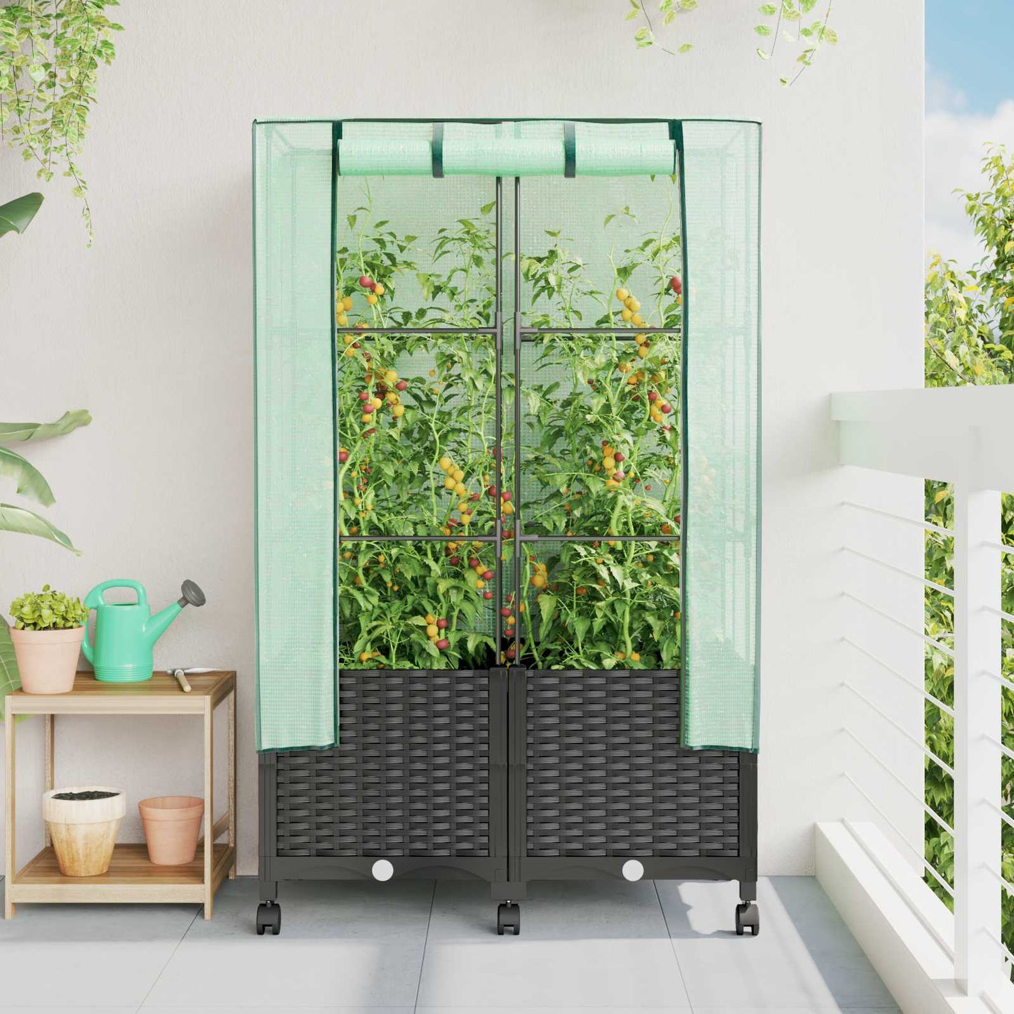 vidaXL Garden Planter with Greenhouse Cover&Wheels 2 pcs Black PP