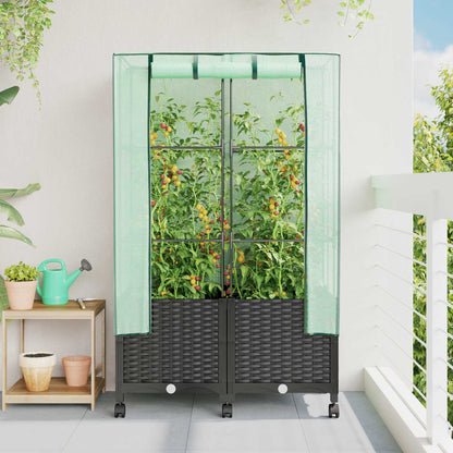 vidaXL Garden Planter with Greenhouse Cover&Wheels 2 pcs Black PP