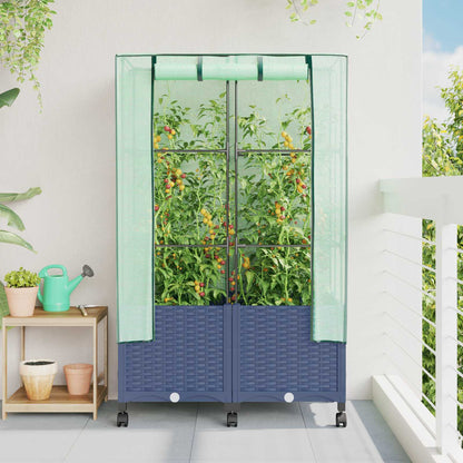 vidaXL Garden Planter with Greenhouse Cover&Wheels 2 pcs Blue Grey PP
