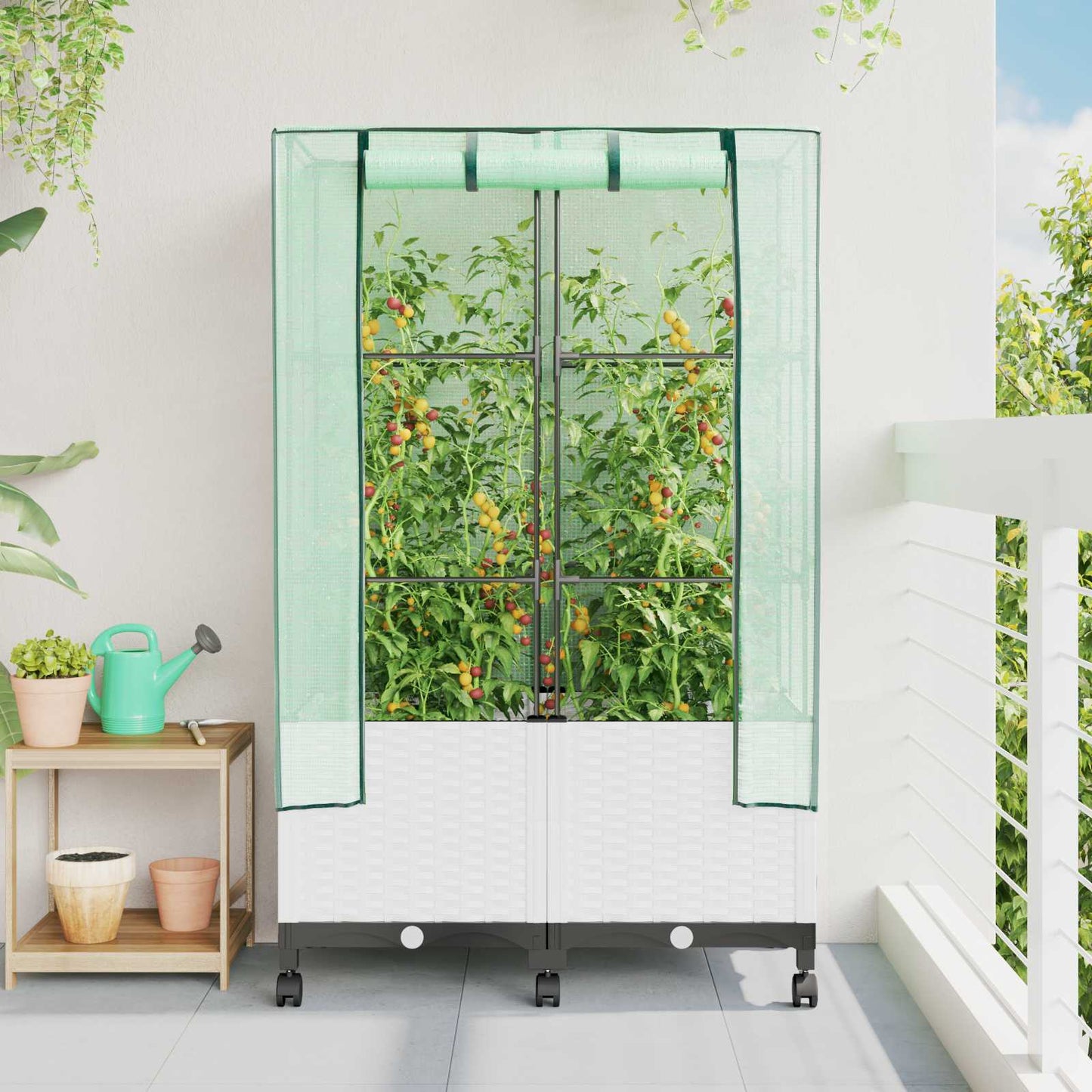 vidaXL Garden Planter with Greenhouse Cover&Wheels 2 pcs White PP