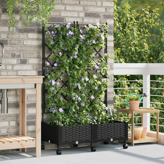 vidaXL Garden Planter with Trellis&Wheels 2 pcs Black PP