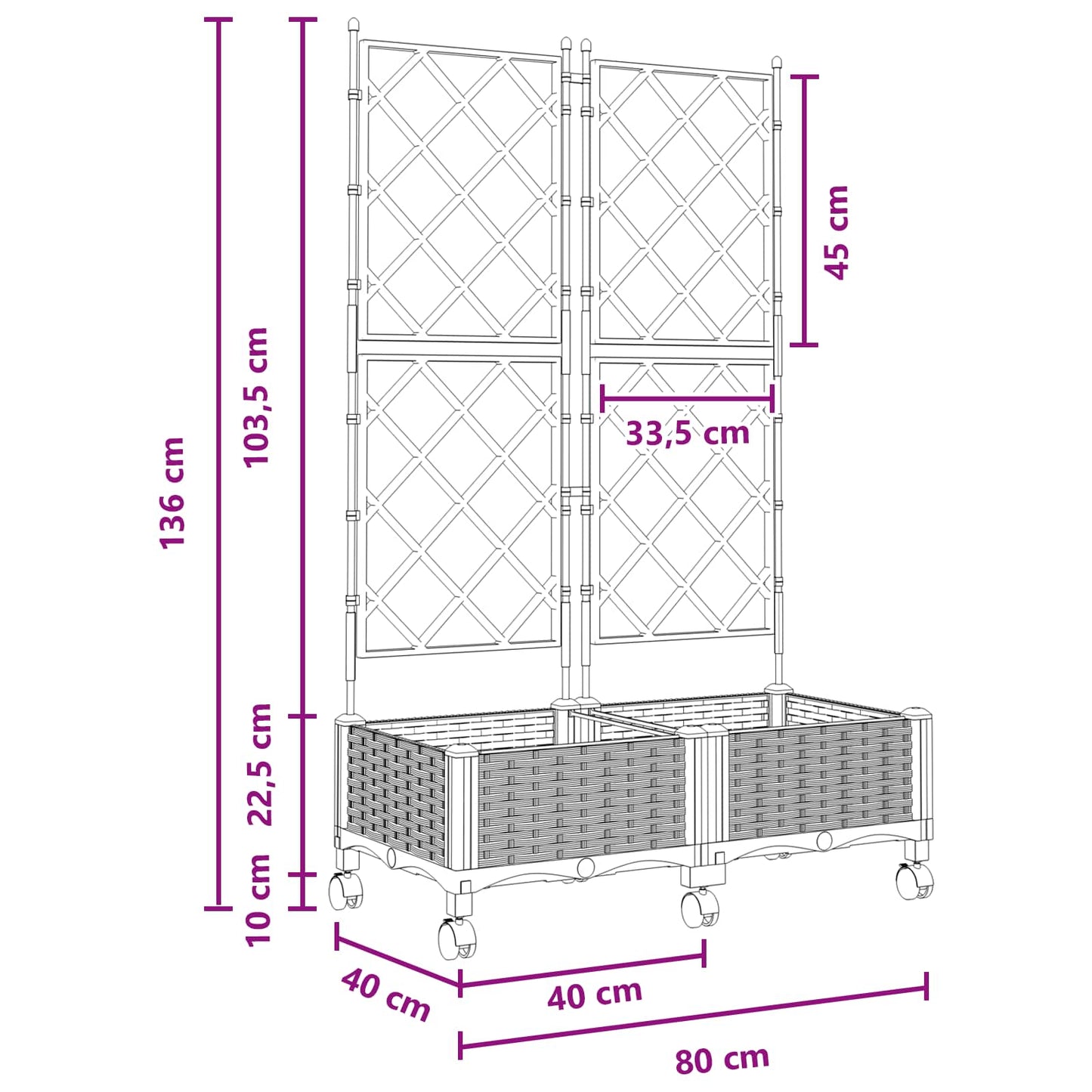 vidaXL Garden Planter with Trellis&Wheels 2 pcs Black PP