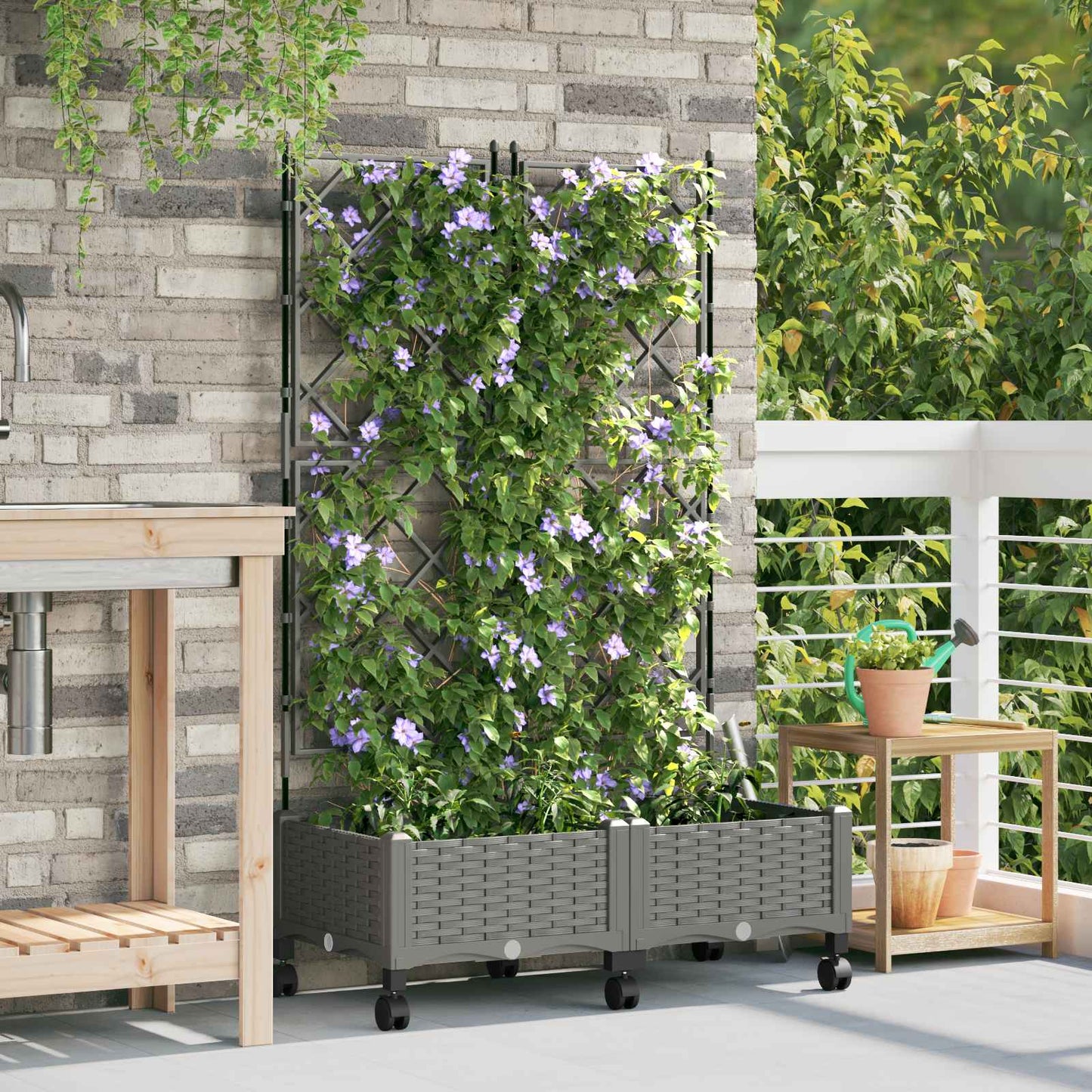 vidaXL Garden Planter with Trellis&Wheels 2 pcs Light Grey PP